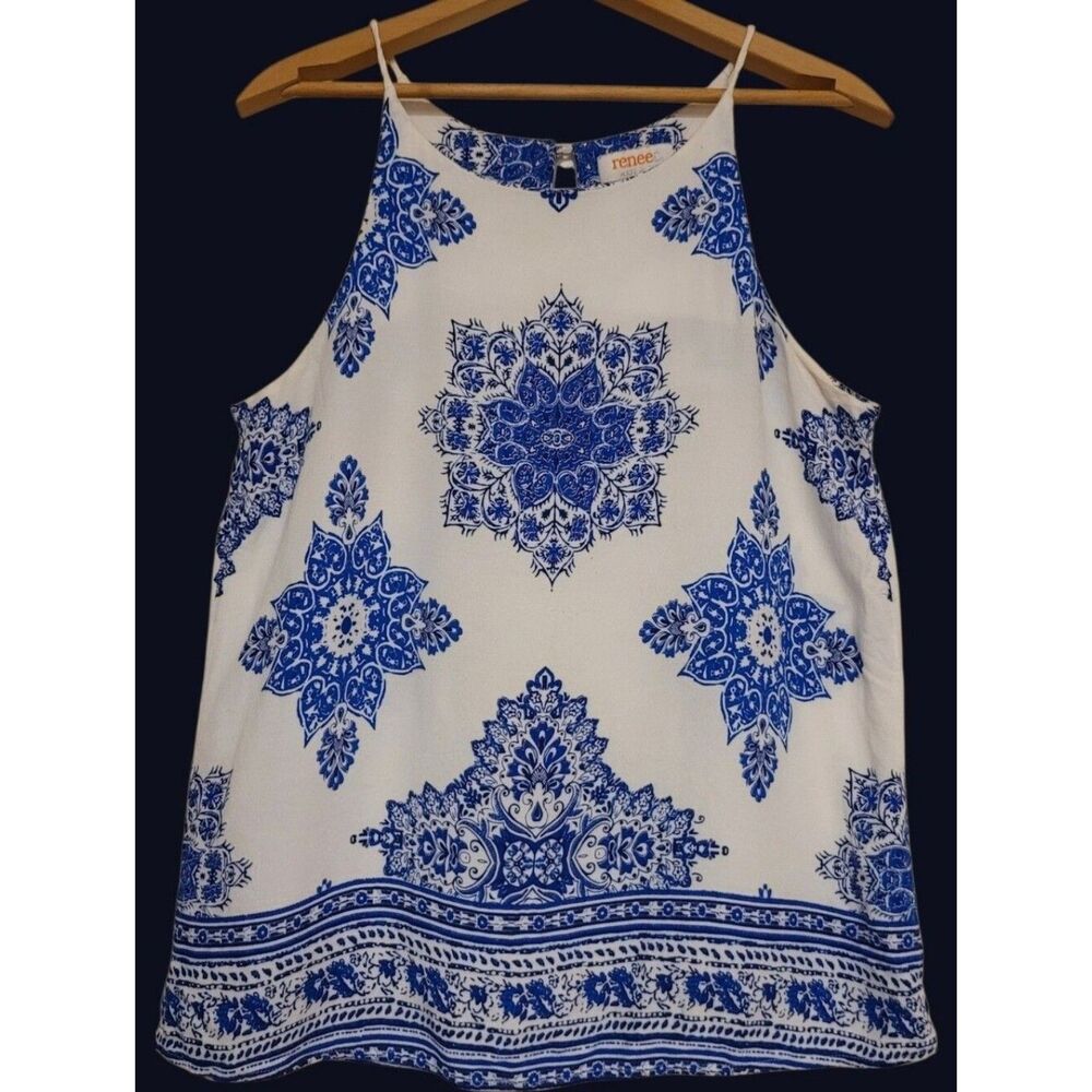 Renee C Ivory & Blue Geometric Medallion Sleeveless Top Womens Size Large